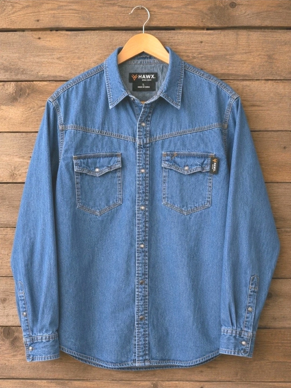 HAWX Work Gear Denim Snap Shirt Large Blue Western Workwear 100% Cotton